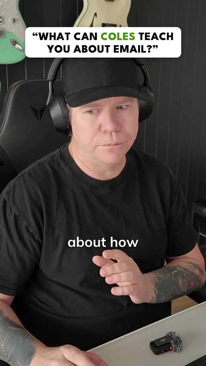 Paul Warren at the studio desk in a black cap, gesturing as he talks, under the question card: What can Coles teach you about email?